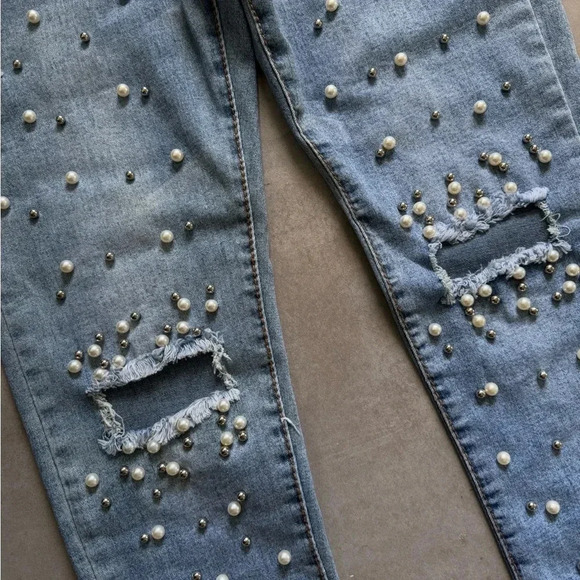Runway Paris Vintage Style Pearl Embellished Skinny Jeans Sz L (Fits US 10/12) - Picture 3 of 12